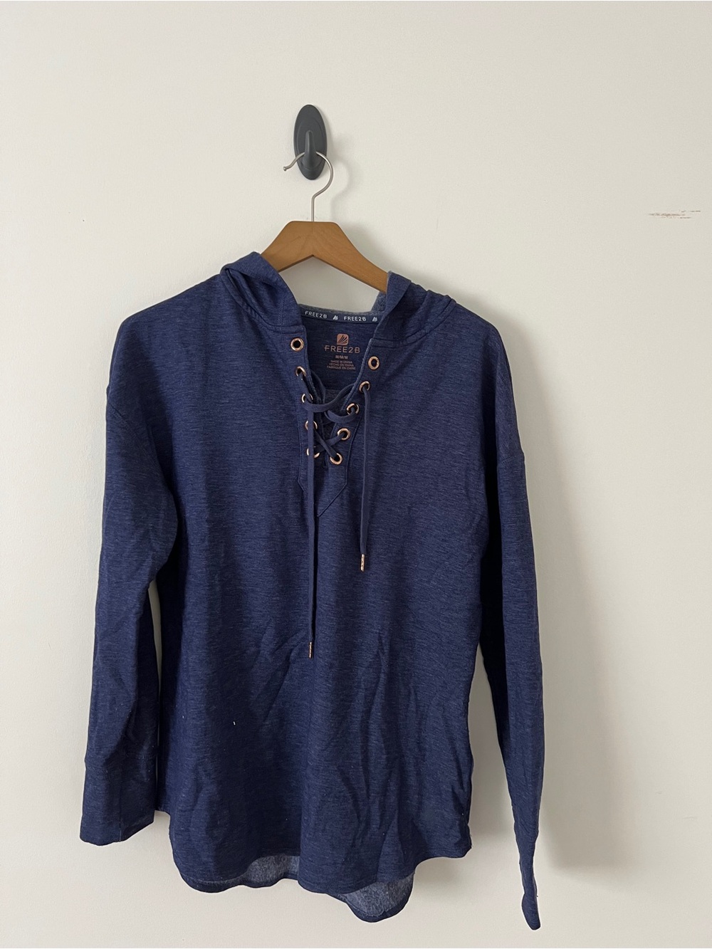 Free2B Navy Lace-Up V-Neck Hoodie Tunic Sweater for Women